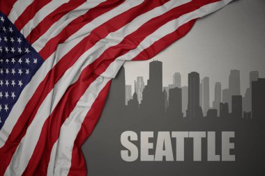 Amerika Birleşik Devletleri 'nin gri arka planında renkli bayrağını sallayan Seattle yazısıyla şehrin soyut silüeti.