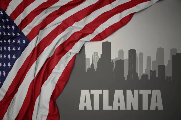 在灰色背景下 城市的抽象轮廓 文字在美国五彩缤纷的国旗上飘扬 — 图库照片