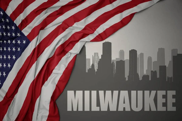 Abstrakcyjna Sylwetka Miasta Tekstem Milwaukee Blisko Machania Barwną Flagą Narodową — Zdjęcie stockowe