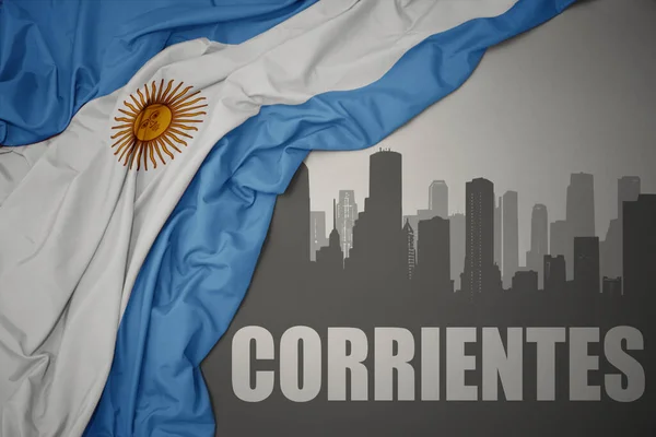 Silueta Abstracta Ciudad Con Texto Corrientes Cerca Ondeando Colorida Bandera —  Fotos de Stock
