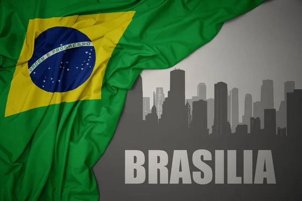 Abstract Silhouette City Text Brasilia Waving Colorful National Flag Brazil — Stock Photo, Image