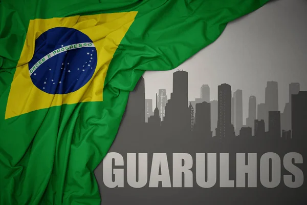 Abstract Silhouette City Text Guarulhos Waving Colorful National Flag Brazil — Stock Photo, Image