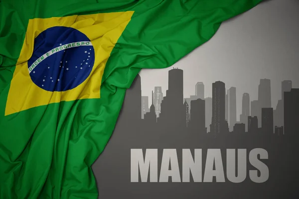 Silhueta Abstrata Cidade Com Texto Manaus Próximo Acenando Com Bandeira — Fotografia de Stock