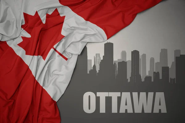 城市的轮廓 文字渥太华 接近于在灰色背景上摇曳着彩色的加拿大国旗 — 图库照片