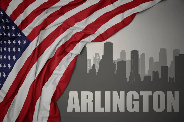 城市的抽象轮廓 文字阿灵顿在灰色背景下飘扬着五彩缤纷的美国国旗 — 图库照片
