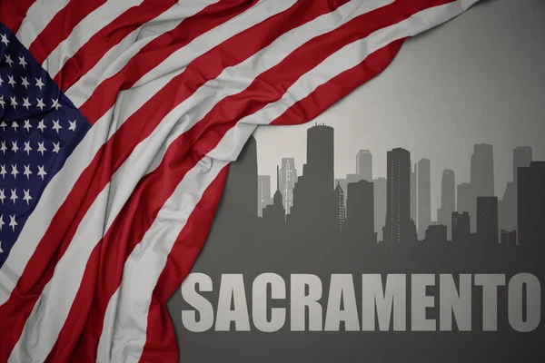 Abstraktní Silueta Města Textem Sacramento Blízkosti Mávání Barevnou Národní Vlajkou — Stock fotografie