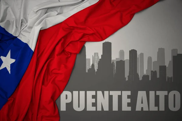 Abstrakcyjna Sylwetka Miasta Tekstem Puente Alto Blisko Machania Barwną Flagą — Zdjęcie stockowe