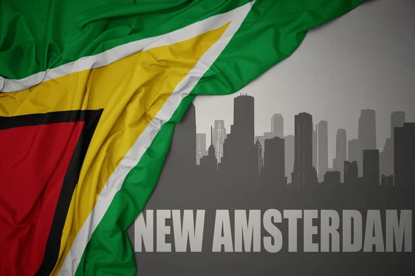 Elvont Sziluett Város Szöveggel Amszterdam Közelében Hullámzó Színes Nemzeti Zászló — Stock Fotó