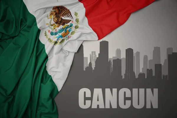 城市的轮廓 文字坎昆在灰蒙蒙的背景上飘扬着五彩缤纷的墨西哥国旗 — 图库照片