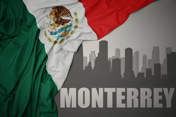 Abstraktní Silueta Města Textem Monterrey Blízkosti Mávání Barevné Národní Vlajky — Stock fotografie