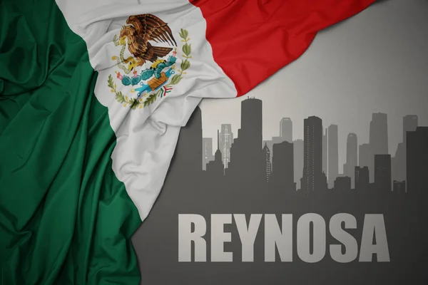 Silueta Abstracta Ciudad Con Texto Reynosa Cerca Ondeando Colorida Bandera — Foto de Stock