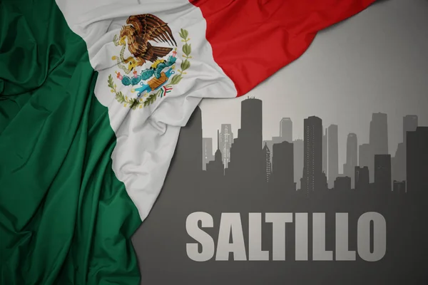 Silueta Abstracta Ciudad Con Texto Saltillo Cerca Ondeando Colorida Bandera — Foto de Stock