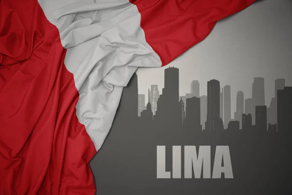 Abstrakcyjna Sylwetka Miasta Tekstem Lima Pobliżu Machając Kolorowe Flagi Narodowej — Zdjęcie stockowe