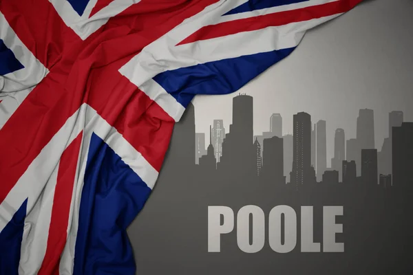 Abstract Silhouette City Text Poole Waving Colorful National Flag Great — Stock Photo, Image
