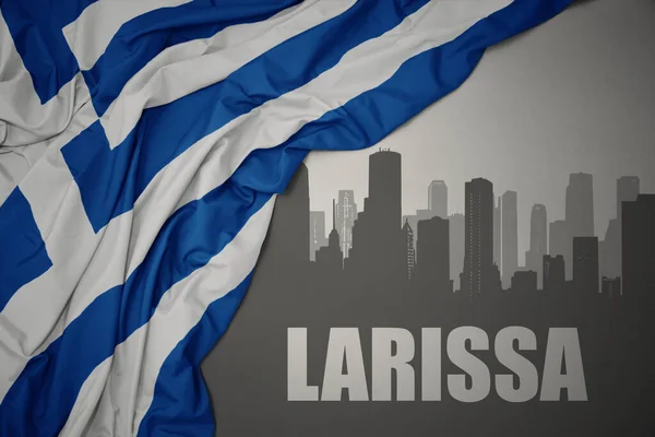 Abstract Silhouette City Text Larissa Waving Colorful National Flag Greece — Stock Photo, Image