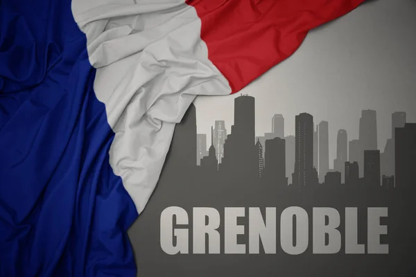 Silhueta Abstrata Cidade Com Texto Grenoble Perto Acenando Colorido Bandeira — Fotografia de Stock