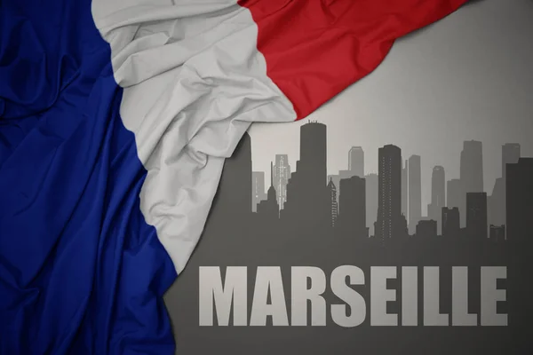 Silhouette Abstraite Ville Avec Texte Marseille Près Agiter Drapeau National — Photo