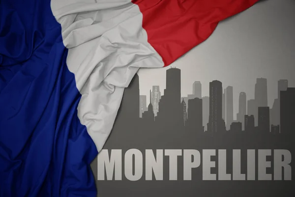 Silueta Abstracta Ciudad Con Texto Montpellier Cerca Ondeando Colorida Bandera — Foto de Stock