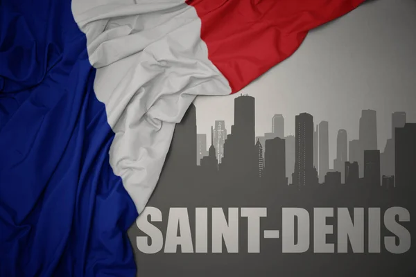 Abstract Silhouette City Text Saint Denis Waving Colorful National Flag — Stock Photo, Image
