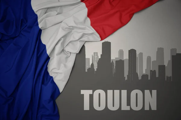 Silueta Abstracta Ciudad Con Texto Toulon Cerca Ondeando Colorida Bandera —  Fotos de Stock