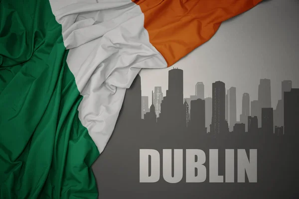 Abstract Silhouette City Text Dublin Waving Colorful National Flag Ireland — Stock Photo, Image