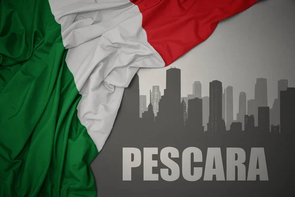 Abstract Silhouette City Text Pescara Waving Colorful National Flag Italy — Stockfoto