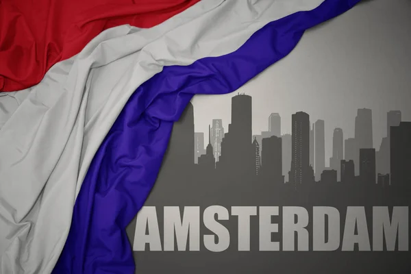 Silhouette Abstraite Ville Avec Texte Amsterdam Près Agitant Drapeau National — Photo