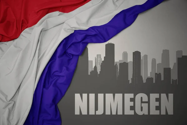 Silueta Abstracta Ciudad Con Texto Nijmegen Cerca Ondeando Colorida Bandera —  Fotos de Stock