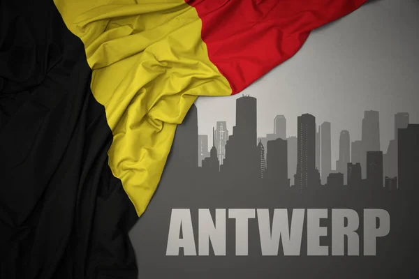 Abstract Silhouette City Text Antwerp Waving Colorful National Flag Belgium — Stockfoto