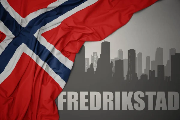 Abstract Silhouette City Text Fredrikstad Waving Colorful National Flag Norway — Stock Photo, Image