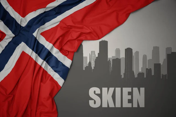 Abstract Silhouette City Text Skien Waving Colorful National Flag Norway — Stock Photo, Image