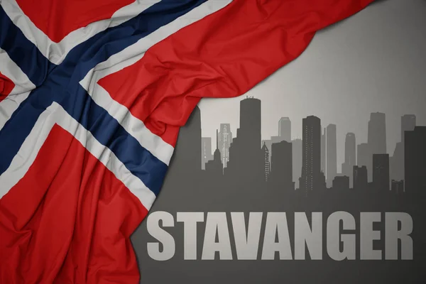 Abstract Silhouette City Text Stavanger Waving Colorful National Flag Norway — Stock Photo, Image