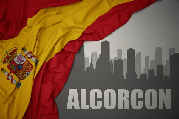 Abstract Silhouette City Text Alcorcon Waving Colorful National Flag Spain — Stock Photo, Image