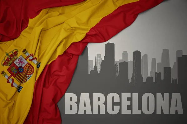 Abstrakcyjna Sylwetka Miasta Tekstem Barcelona Pobliżu Machania Kolorowe Flagi Narodowej — Zdjęcie stockowe