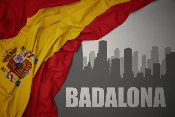 Abstract Silhouette City Text Badalona Waving Colorful National Flag Spain — Stock Photo, Image