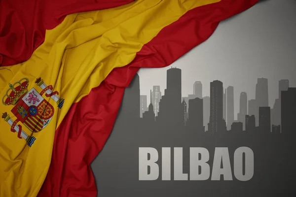 Abstract Silhouette City Text Bilbao Waving Colorful National Flag Spain — Stock Photo, Image