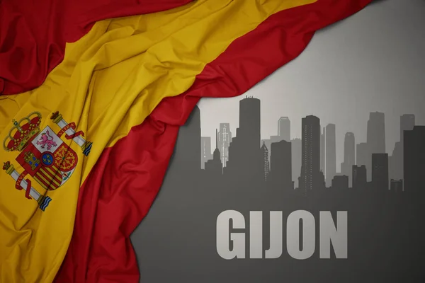 Abstract Silhouette City Text Gijon Waving Colorful National Flag Spain — Stock Photo, Image