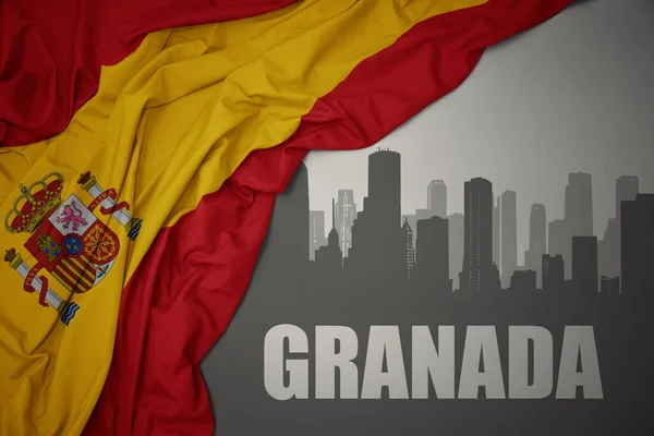Abstract Silhouette City Text Granada Waving Colorful National Flag Spain — Stock Photo, Image