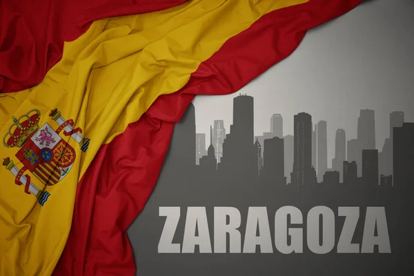 Abstract Silhouette City Text Zaragoza Waving Colorful National Flag Spain — Stock Photo, Image