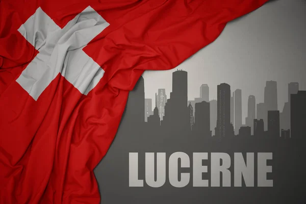 Abstrakcyjna Sylwetka Miasta Tekstem Lucerna Pobliżu Machania Kolorowe Flagi Narodowej — Zdjęcie stockowe