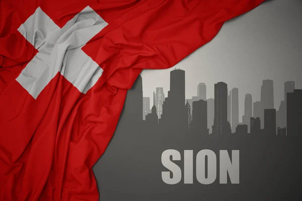 Abstract Silhouette City Text Sion Waving Colorful National Flag Switzerland — Stock Photo, Image