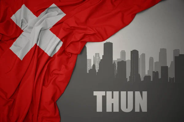 Abstract Silhouette City Text Thun Waving Colorful National Flag Switzerland — Stock Photo, Image