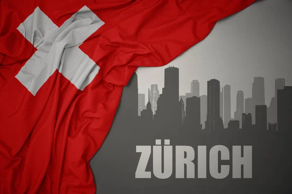 Silhueta Abstrata Cidade Com Texto Zurique Perto Acenando Colorido Bandeira — Fotografia de Stock