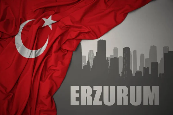 Silueta Abstracta Ciudad Con Texto Erzurum Cerca Ondeando Colorida Bandera —  Fotos de Stock