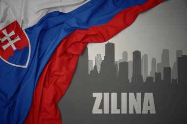 Şehrin soyut silueti. Gri bir arkaplanda renkli slovakya bayrağı sallayan Zilina yazısıyla birlikte..
