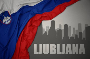 Ljubljana 'nın gri bir arkaplanda renkli milli bayrak sallaması yakınındaki yazılarıyla şehrin soyut silueti.
