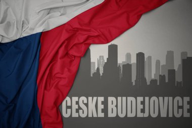 Kentin soyut silueti ve gri bir arkaplanda renkli Czech cumhuriyetinin bayrağını sallayan Ceske Budejovice yazısıyla.