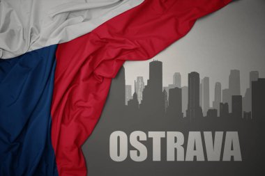 Şehrin soyut silueti. Gri bir arkaplanda renkli Czech cumhuriyetinin bayrağı dalgalanırken Ostrava 'ya ait yazı var..