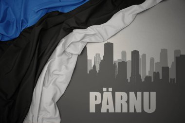 Şehrin soyut silueti ve gri arka planda renkli ulusal Estonya bayrağı dalgalanan Parnu yazıları..