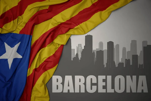 Kentin Soyut Silueti Barselona Gri Bir Arkaplanda Renkli Bir Bayrak — Stok fotoğraf